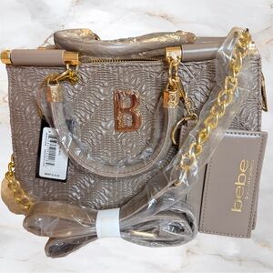 bebe BNWT Nola satchel with credit card holder light taupe in original packaging